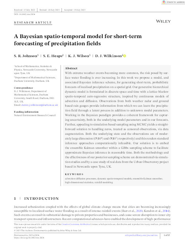A Bayesian spatio‐temporal model for short‐term forecasting of precipitation fields Thumbnail