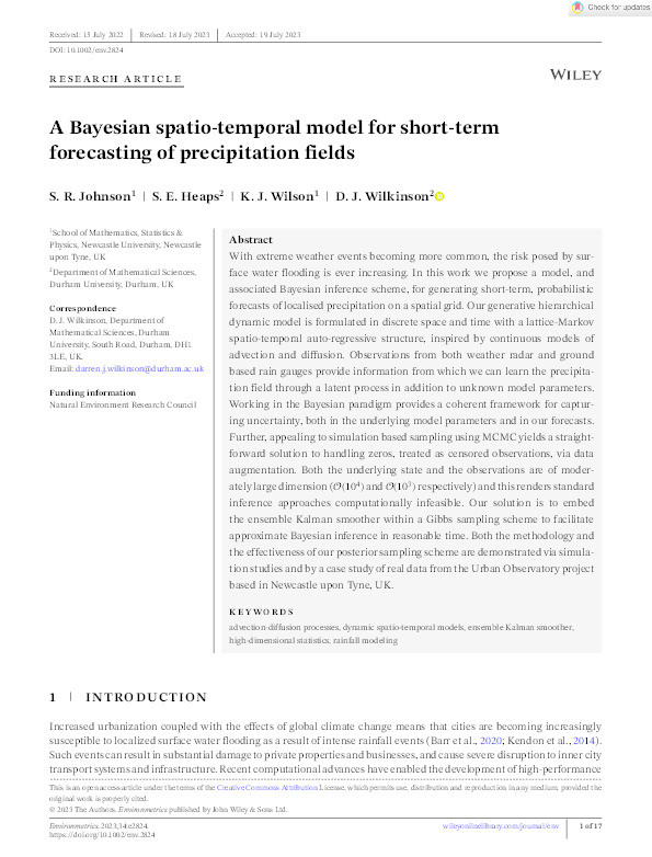 A Bayesian spatio‐temporal model for short‐term forecasting of precipitation fields Thumbnail