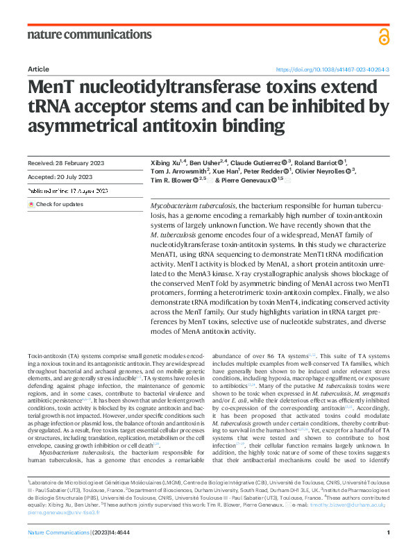 MenT nucleotidyltransferase toxins extend tRNA acceptor stems and can be inhibited by asymmetrical antitoxin binding Thumbnail