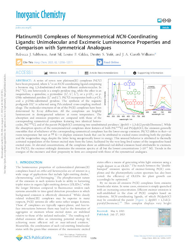 Platinum(II) Complexes of Nonsymmetrical NCN-Coordinating Ligands: Unimolecular and Excimeric Luminescence Properties and Comparison with Symmetrical Analogues Thumbnail