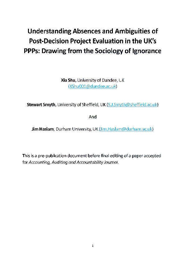 Understanding absences and ambiguities of Post-decision Project Evaluation in the UK's PPPs: drawing from the sociology of ignorance Thumbnail