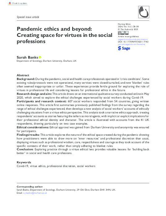 Pandemic ethics and beyond: Creating space for virtues in the social professions Thumbnail