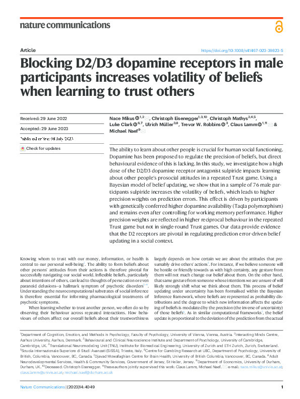 Blocking D2/D3 dopamine receptors in male participants increases volatility of beliefs when learning to trust others Thumbnail