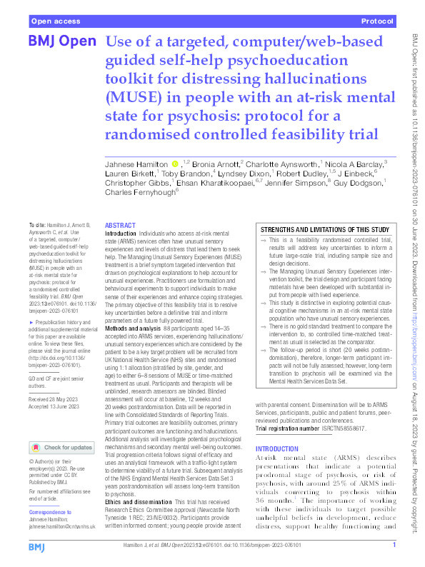 Use of a targeted, computer/web-based guided self-help psychoeducation toolkit for distressing hallucinations (MUSE) in people with an at-risk mental state for psychosis: protocol for a randomised controlled feasibility trial Thumbnail