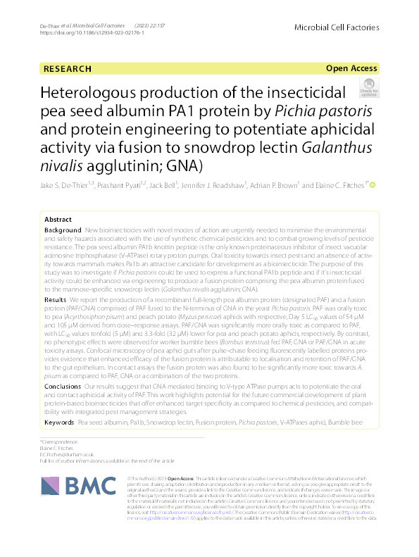 Heterologous production of the insecticidal pea seed albumin PA1 protein by Pichia pastoris and protein engineering to potentiate aphicidal activity via fusion to snowdrop lectin Galanthus nivalis agglutinin; GNA) Thumbnail