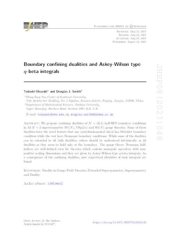 Boundary confining dualities and Askey-Wilson type q -beta integrals Thumbnail