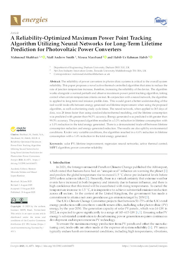 A Reliability-Optimized Maximum Power Point Tracking Algorithm Utilizing Neural Networks for Long-Term Lifetime Prediction for Photovoltaic Power Converters Thumbnail