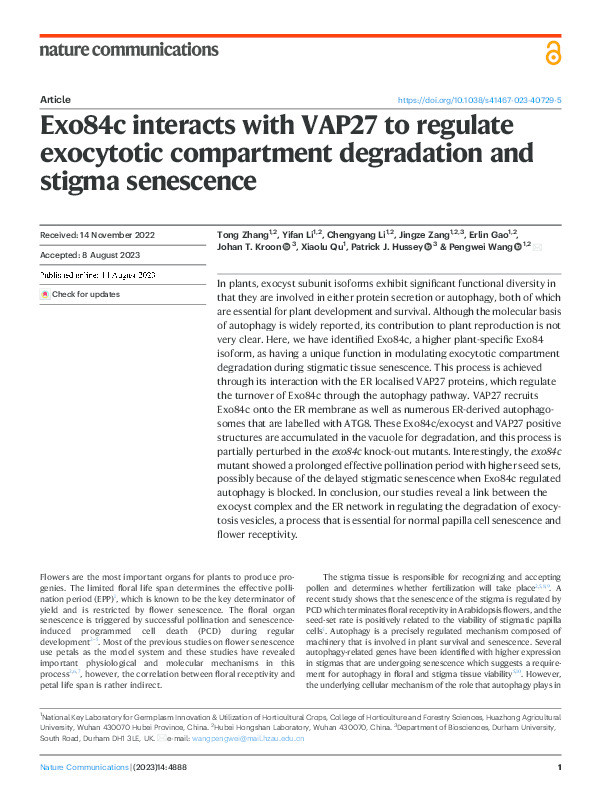Exo84c interacts with VAP27 to regulate exocytotic compartment degradation and stigma senescence Thumbnail