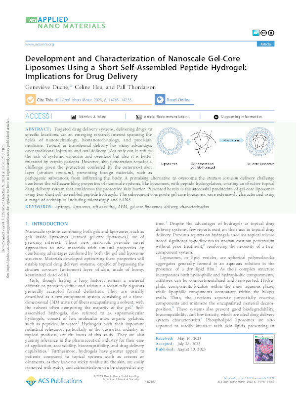 Development and Characterization of Nanoscale Gel-Core Liposomes Using a Short Self-Assembled Peptide Hydrogel: Implications for Drug Delivery Thumbnail