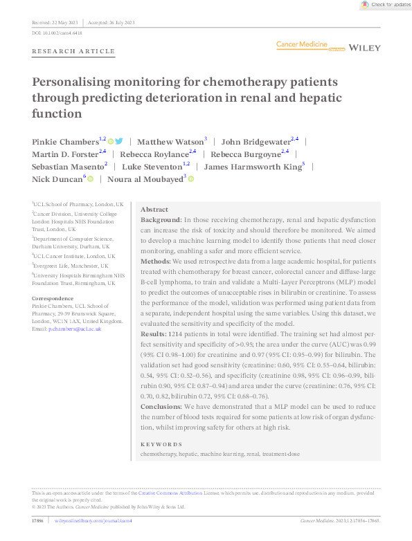 Personalising monitoring for chemotherapy patients through predicting deterioration in renal and hepatic function Thumbnail