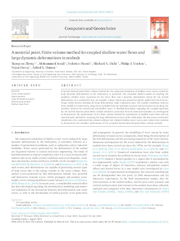 A material point/finite volume method for coupled shallow water flows and large dynamic deformations in seabeds Thumbnail