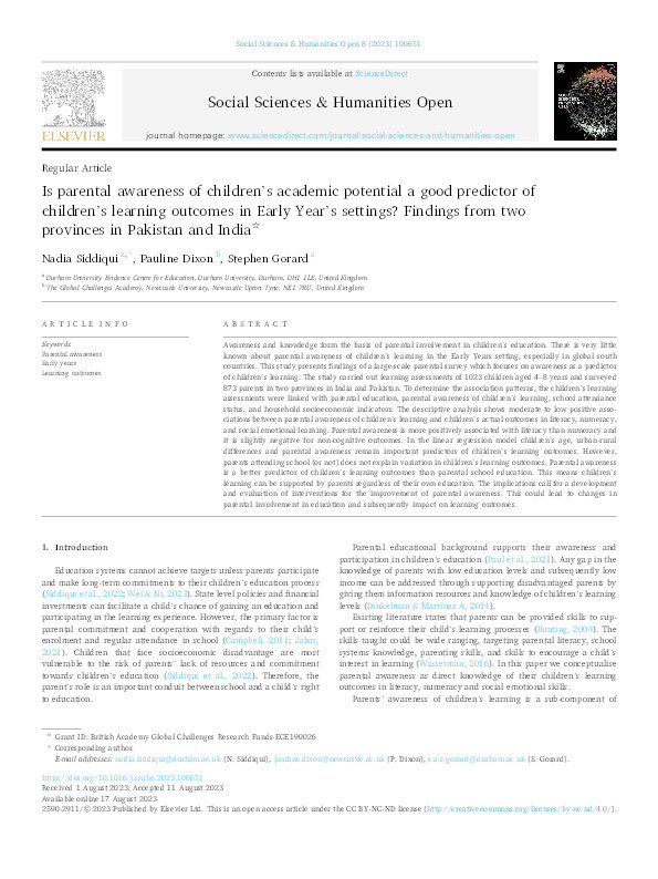 Is parental awareness of children's academic potential a good predictor of children's learning outcomes in Early Year's settings? Findings from two provinces in Pakistan and India Thumbnail