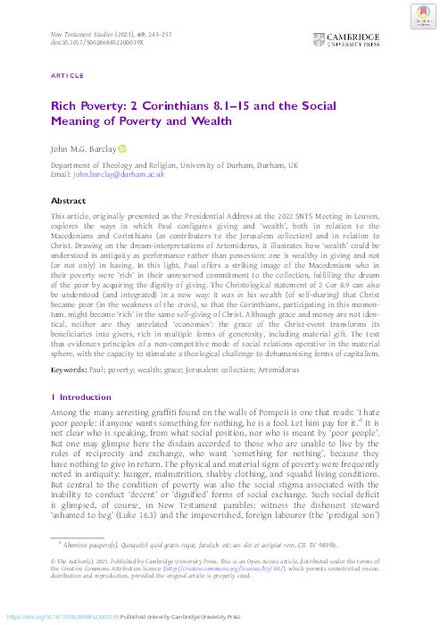 Rich Poverty: 2 Corinthians 8.1–15 and the Social Meaning of Poverty and Wealth Thumbnail