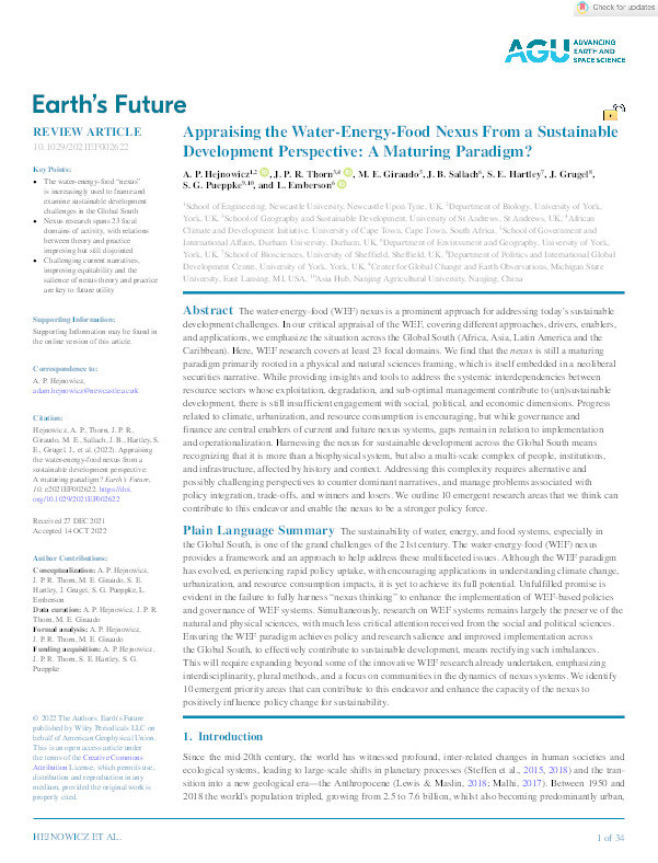 Appraising the Water‐Energy‐Food Nexus From a Sustainable Development Perspective: A Maturing Paradigm? Thumbnail