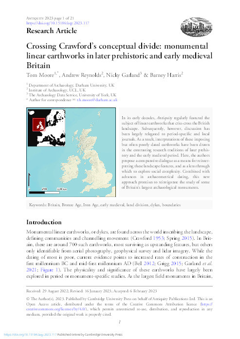 Crossing Crawford's conceptual divide: monumental linear earthworks in later prehistoric and early medieval Britain Thumbnail