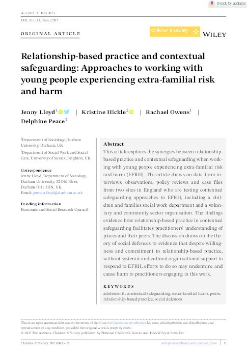 Relationship‐based practice and contextual safeguarding: Approaches to working with young people experiencing extra‐familial risk and harm Thumbnail