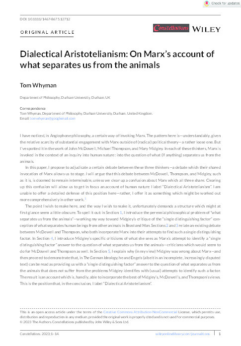 Dialectical Aristotelianism: On Marx's account of what separates us from the animals Thumbnail