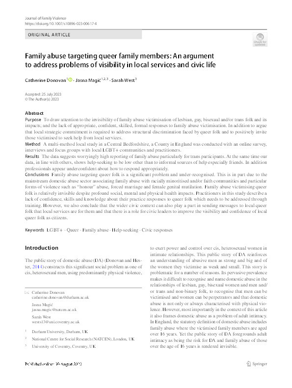 Family abuse targeting queer family members: An argument to address problems of visibility in local services and civic life Thumbnail