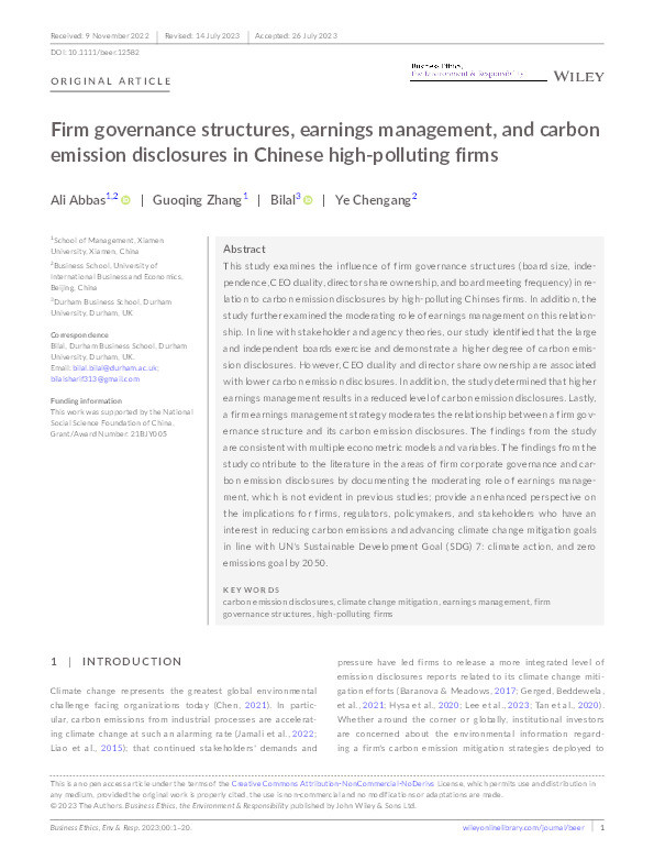 Firm governance structures, earnings management, and carbon emission disclosures in Chinese high‐polluting firms Thumbnail