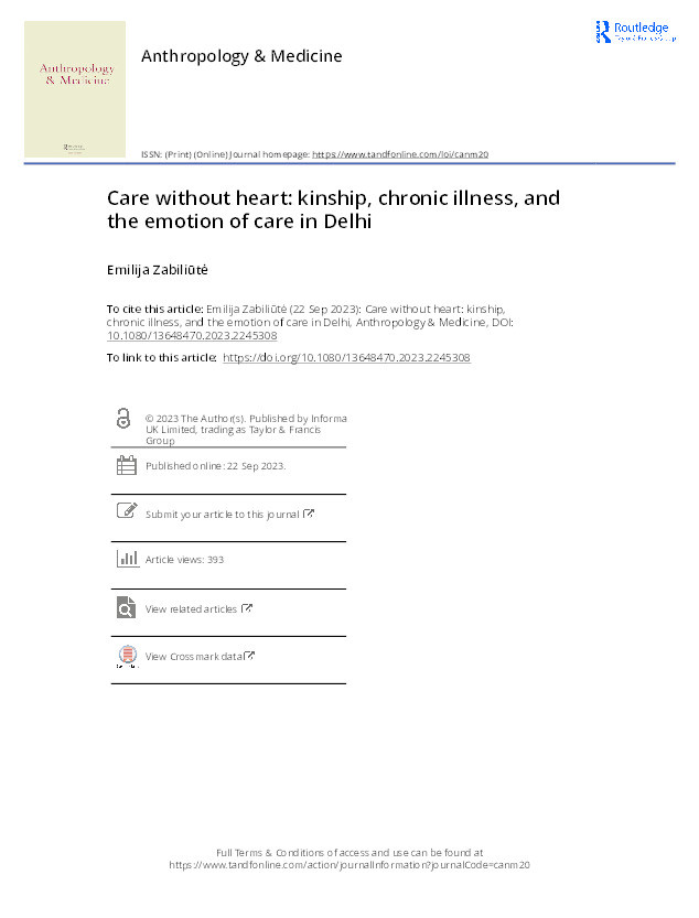 Care without heart: kinship, chronic illness, and the emotion of care in Delhi Thumbnail
