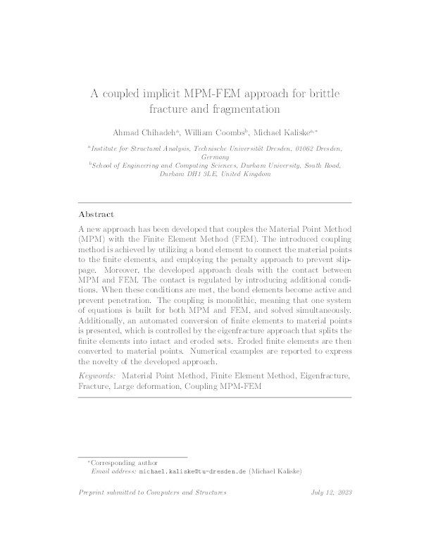 A coupled implicit MPM-FEM approach for brittle fracture and fragmentation Thumbnail