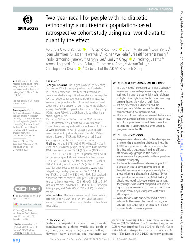 Two-year recall for people with no diabetic retinopathy: a multi-ethnic population-based retrospective cohort study using real-world data to quantify the effect Thumbnail