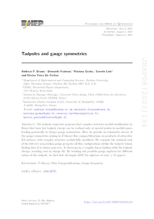 Tadpoles and gauge symmetries Thumbnail