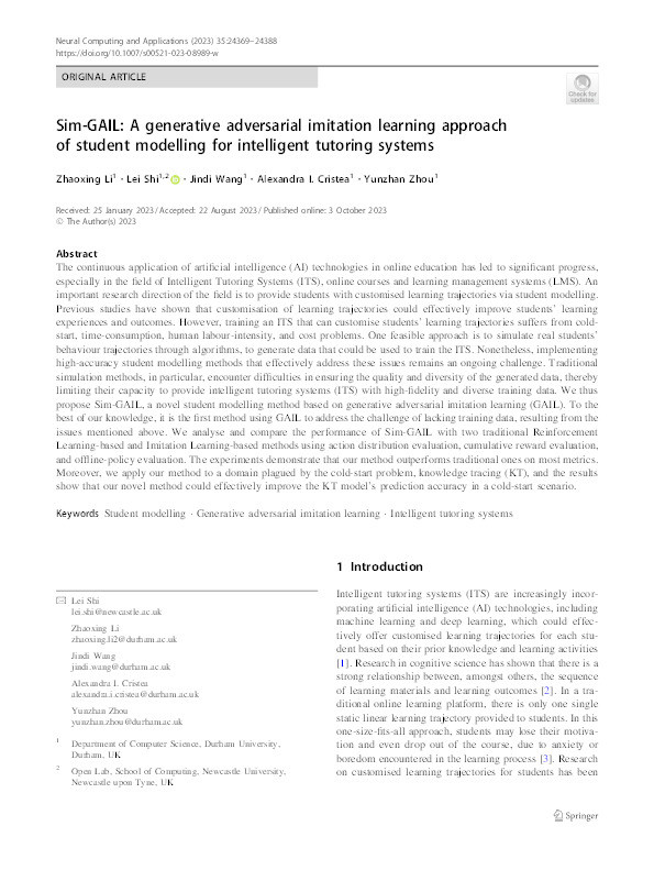 Sim-GAIL: A generative adversarial imitation learning approach of student modelling for intelligent tutoring systems Thumbnail