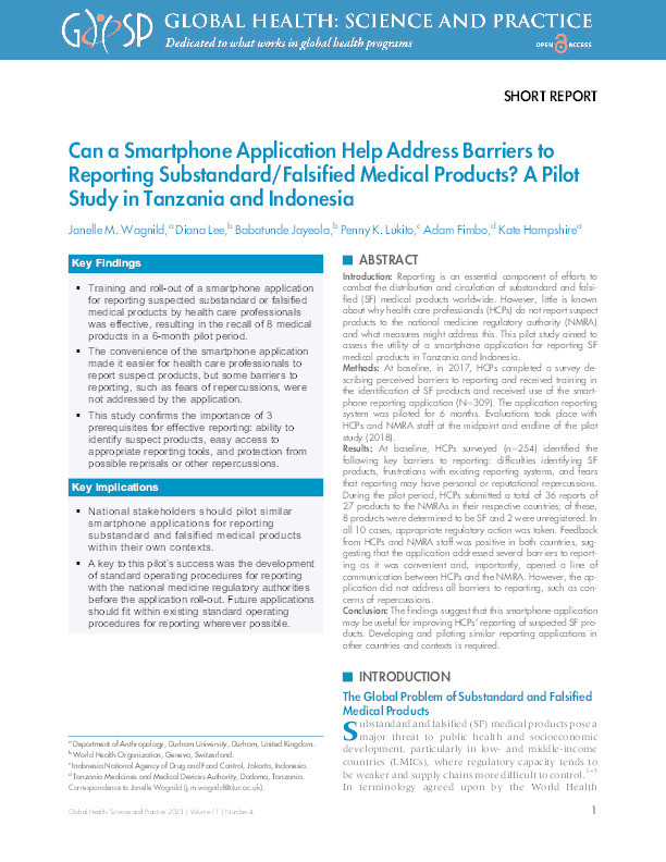 Can a Smartphone Application Help Address Barriers to Reporting Substandard/Falsified Medical Products? A Pilot Study in Tanzania and Indonesia Thumbnail