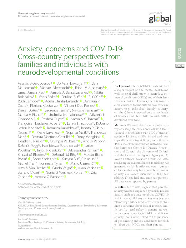 Anxiety, concerns and COVID-19: Cross-country perspectives from families and individuals with neurodevelopmental conditions Thumbnail