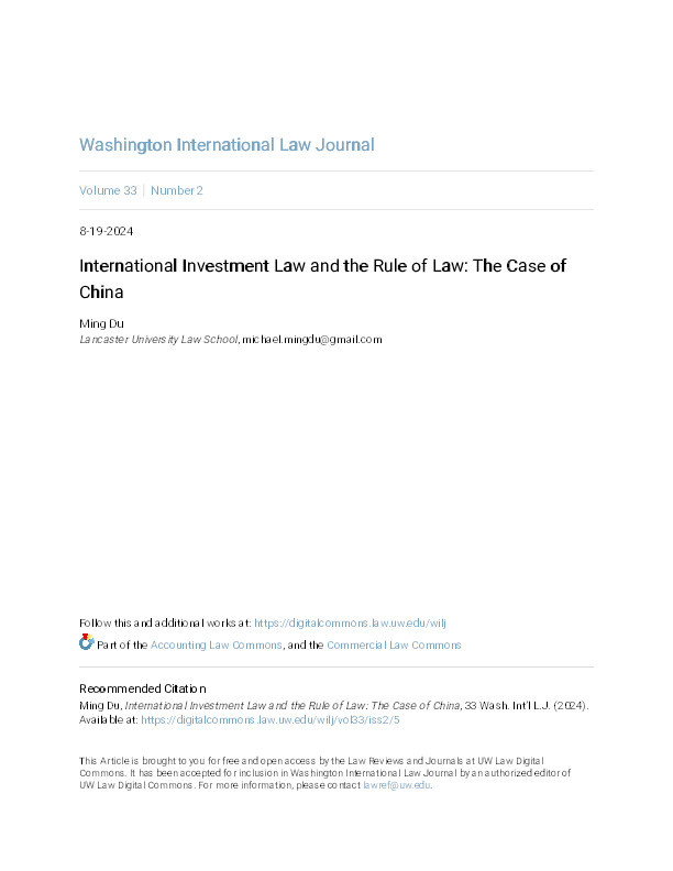 International Investment Law and the Rule of Law: The Case of China Thumbnail