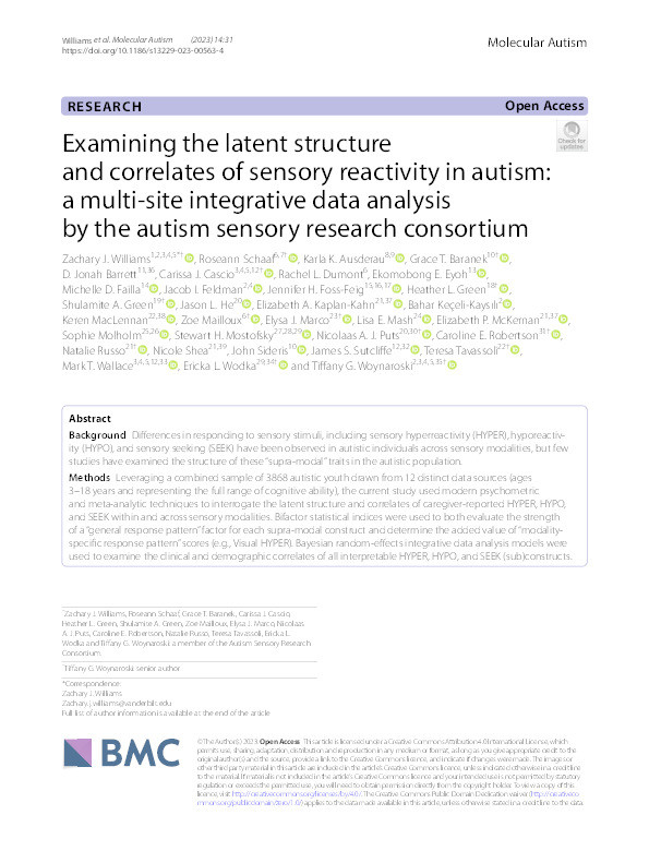Examining the latent structure and correlates of sensory reactivity in autism: a multi-site integrative data analysis by the autism sensory research consortium Thumbnail
