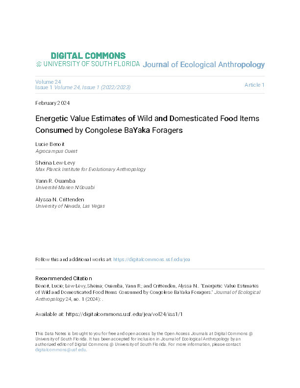 Energetic Value Estimates of Wild and Domesticated Food Items Consumed by Congolese BaYaka Foragers Thumbnail