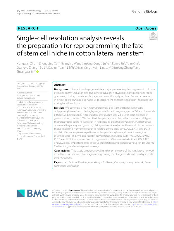 Single-cell resolution analysis reveals the preparation for reprogramming the fate of stem cell niche in cotton lateral meristem. Thumbnail