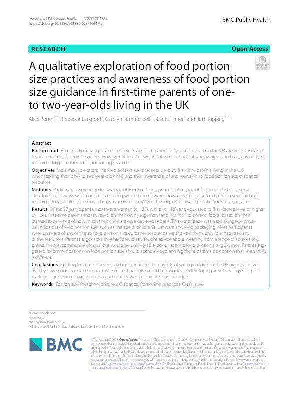 A qualitative exploration of food portion size practices and awareness of food portion size guidance in first-time parents of one- to two-year-olds living in the UK Thumbnail