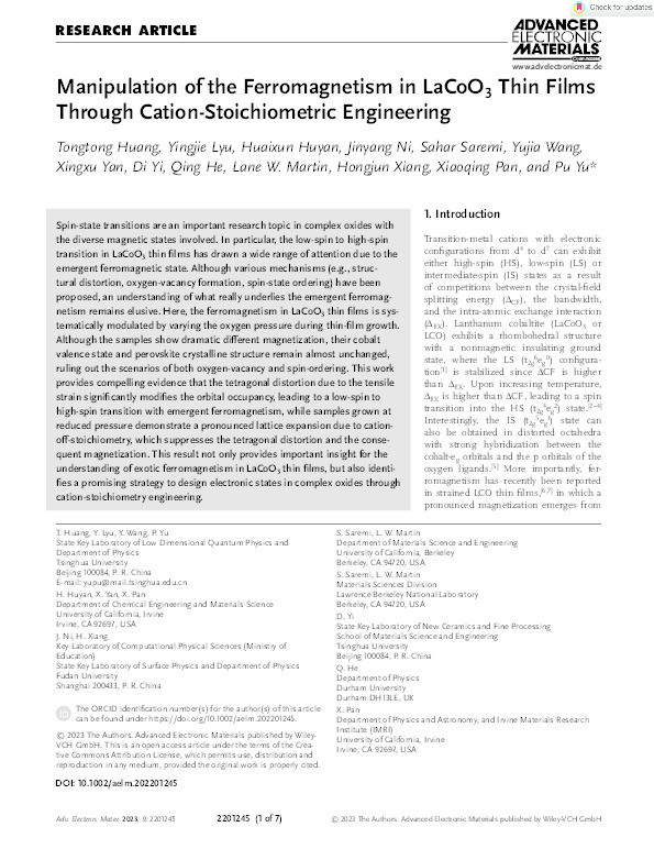 Manipulation of the Ferromagnetism in LaCoO3 Thin Films Through Cation‐Stoichiometric Engineering Thumbnail