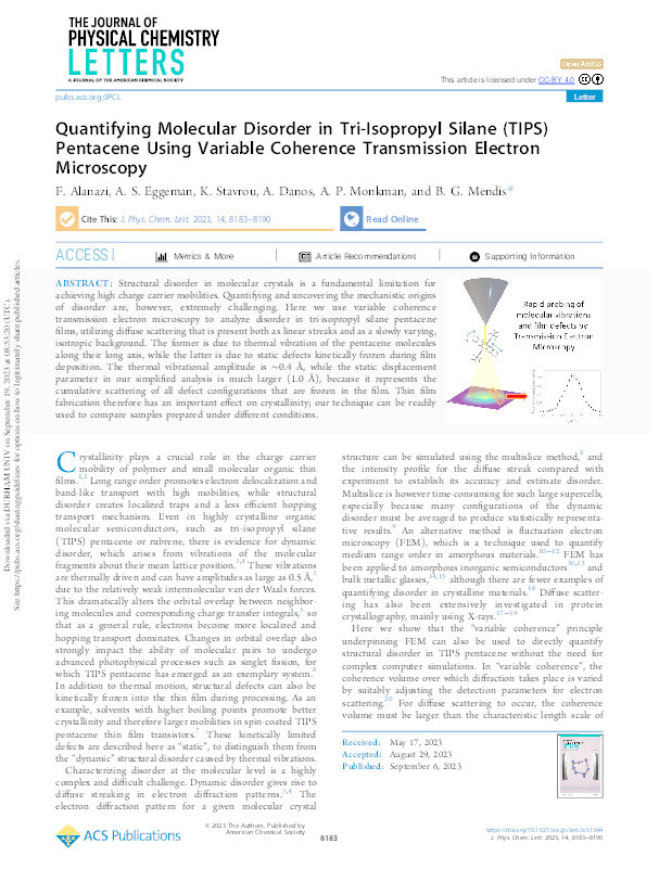 Quantifying Molecular Disorder in Tri-Isopropyl Silane (TIPS) Pentacene Using Variable Coherence Transmission Electron Microscopy Thumbnail