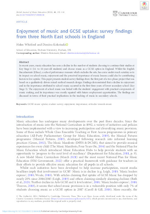 Enjoyment of music and GCSE uptake: Survey findings from three North East schools in England Thumbnail