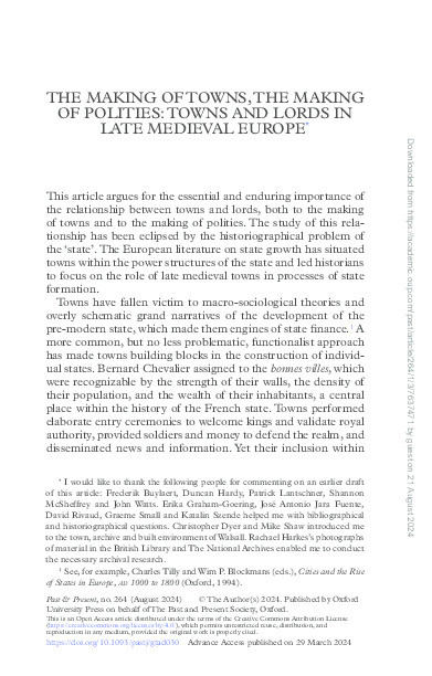 The making of towns, the making of polities: Towns and lords in late medieval Europe Thumbnail