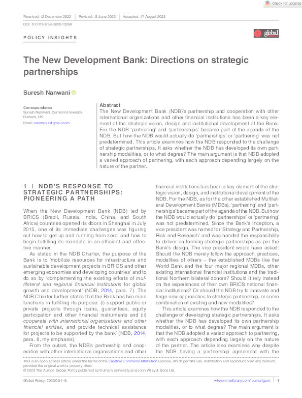 The New Development Bank: Directions on strategic partnerships Thumbnail
