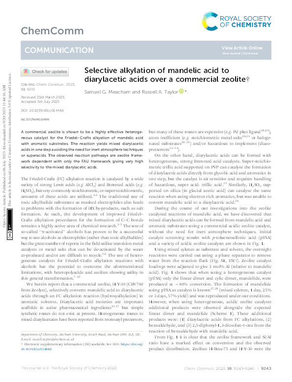 Selective alkylation of mandelic acid to diarylacetic acids over a commercial zeolite Thumbnail