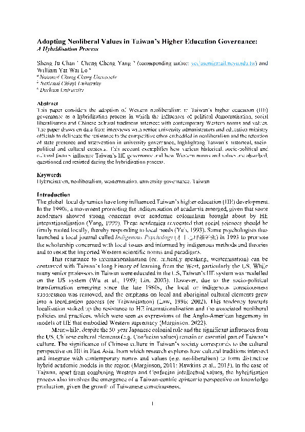 Adopting neoliberal values in Taiwan’s higher education governance: a hybridisation process Thumbnail