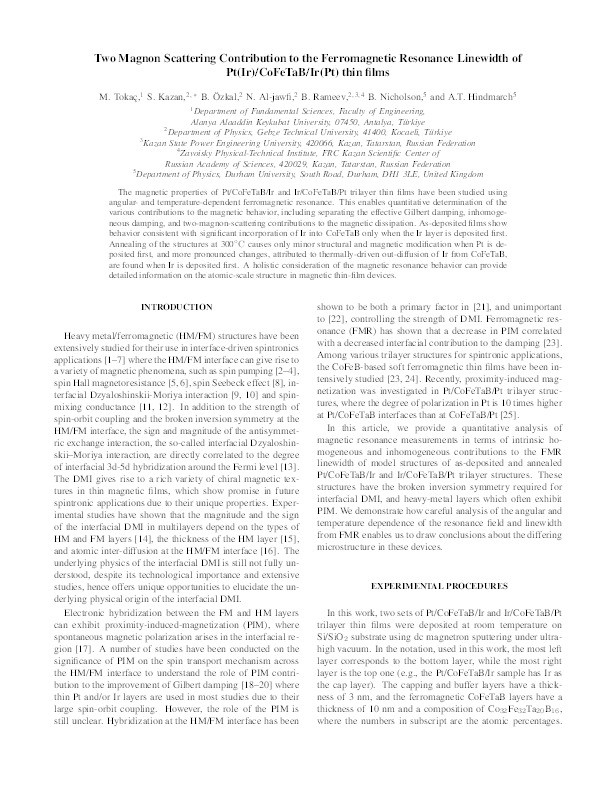 Two Magnon Scattering Contribution to the Ferromagnetic Resonance Linewidth of Pt(Ir)/CoFeTaB/Ir(Pt) Thin Films Thumbnail