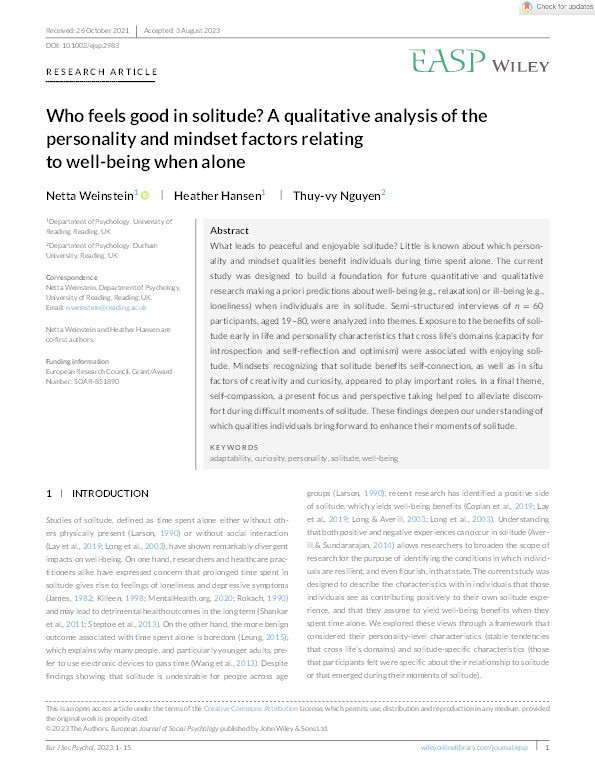 Who feels good in solitude? A qualitative analysis of the personality and mindset factors relating to well‐being when alone Thumbnail