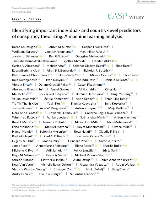 Identifying important individual‐ and country‐level predictors of conspiracy theorizing: A machine learning analysis Thumbnail