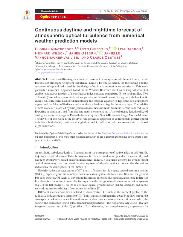 Continuous daytime and nighttime forecast of atmospheric optical turbulence from numerical weather prediction models Thumbnail