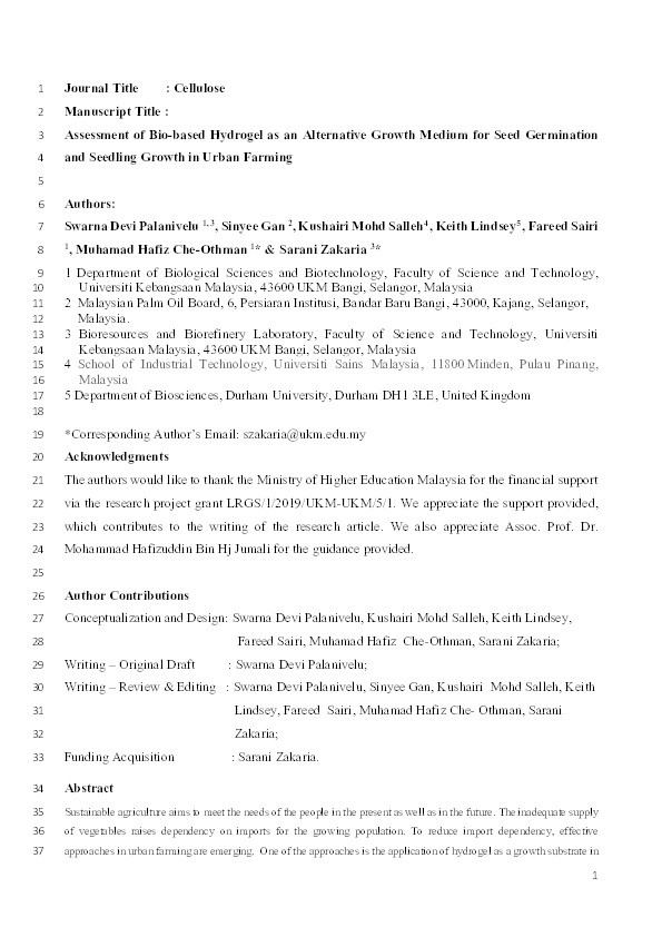 Assessment of bio-based hydrogel as an alternative growth medium for seed germination and seedling growth in urban farming Thumbnail