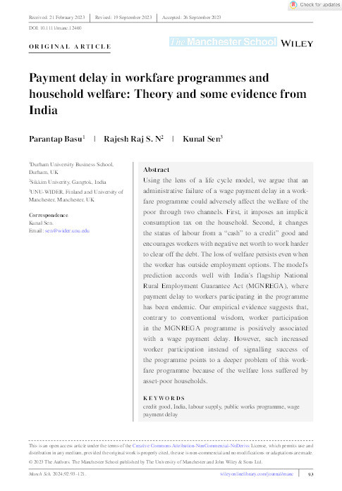 Payment delay in workfare programmes and household welfare: Theory and some evidence from India Thumbnail
