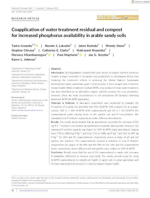 Coapplication of water treatment residual and compost for increased phosphorus availability in arable sandy soils Thumbnail