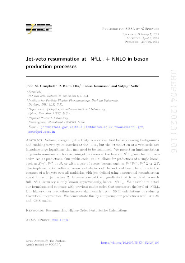 Jet-veto resummation at N3LLp + NNLO in boson production processes Thumbnail